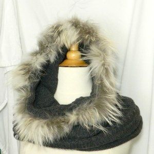 FurLux $195 Grey Knit Hood Snood Raccoon Trim NWT